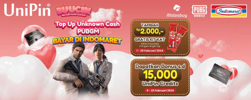 Top Up Unknown Cash PUBG Mobile dan Bayar di Indomaret, Tambah Rp2,000 GRATIS KitKat + Bonus s.d 15rb UniPin Credits
